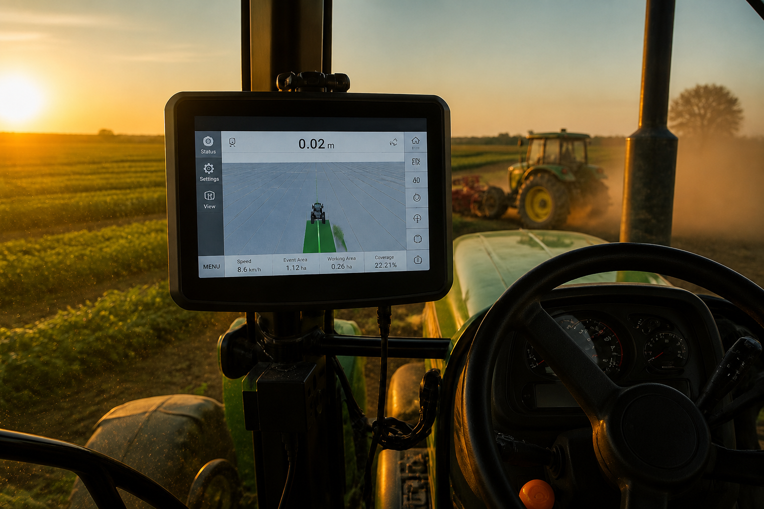 Tractor running FarmaKing autosteering with GPS guidance display showing an AB-line in a green field at golden hour