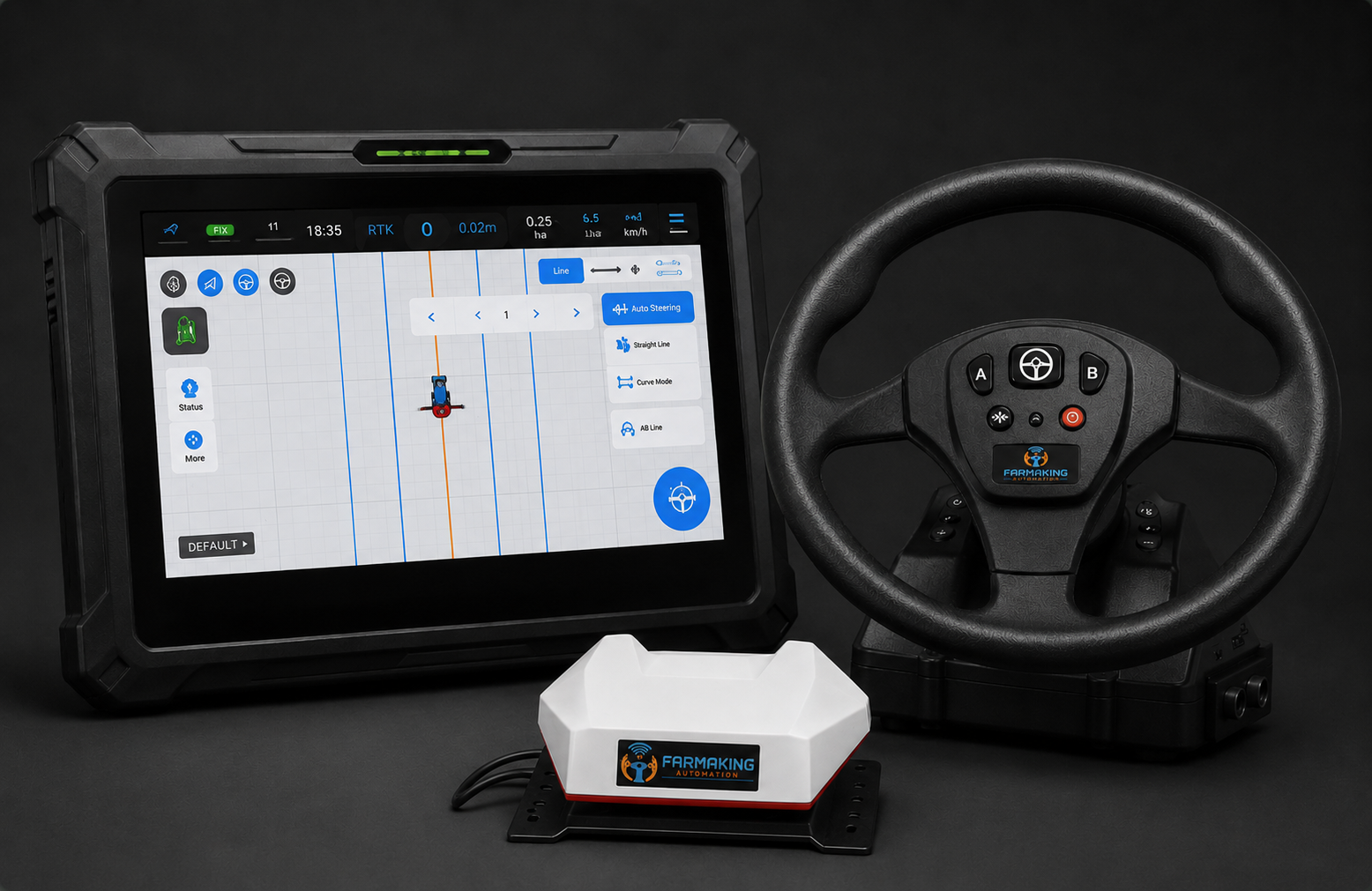 FarmaKing MAX-100 tractor autosteering kit with 10.1 inch display, motorized steering wheel and base station antenna