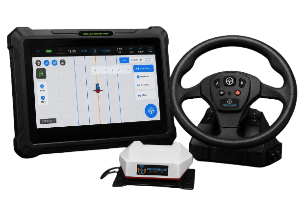 FarmaKing MAX-100 tractor autosteering kit with 10.1 inch display, motorized steering wheel and base station antenna