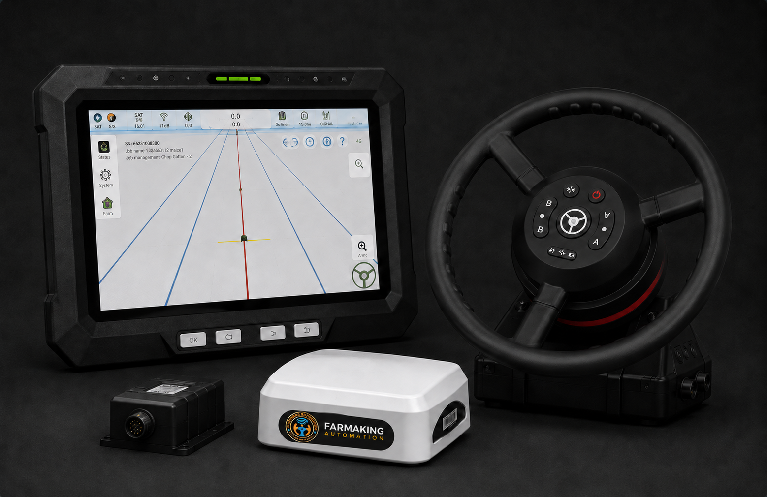 FarmaKing MAX-200 advanced tractor autosteering with integrated steering wheel control and 10.1 inch curve guidance display