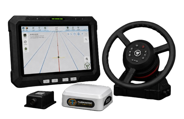 FarmaKing MAX-200 advanced tractor autosteering with integrated steering wheel control and 10.1 inch curve guidance display