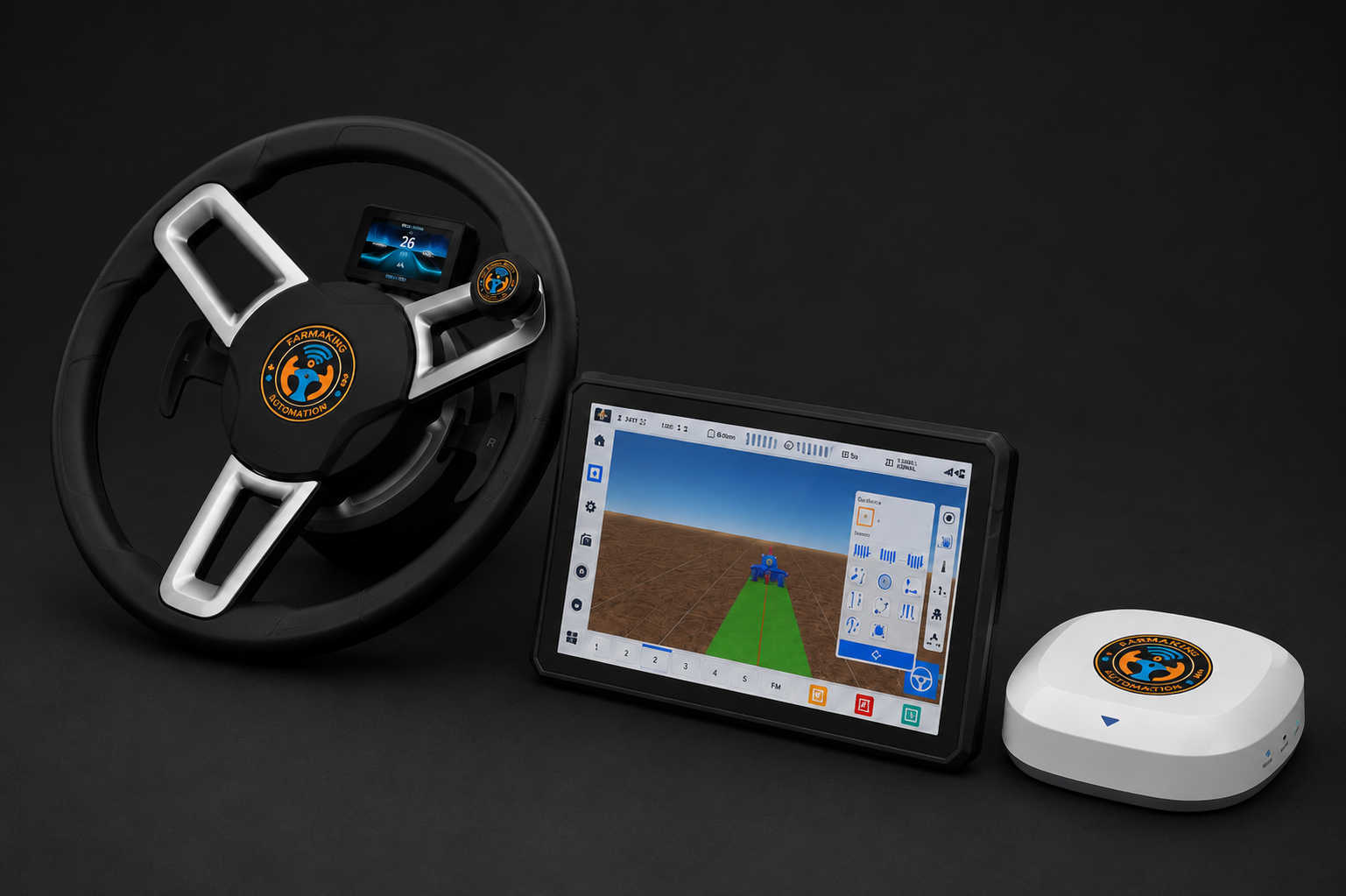 FarmaKing MAX-300 flagship tractor autosteering with 12.1 inch ultra HD display and pedal shifters on a motorized steering wheel