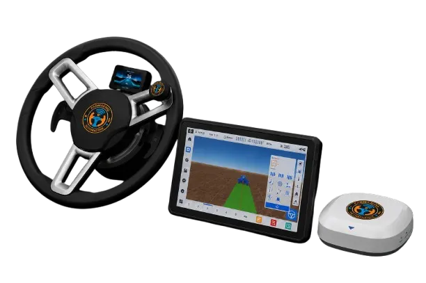 FarmaKing MAX-300 flagship Tractor GPS Guidance System with 12.1 inch ultra HD display and pedal shifters on a motorized steering wheel