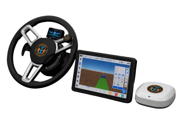 FarmaKing MAX-300 flagship tractor autosteering with 12.1 inch ultra HD display and pedal shifters on a motorized steering wheel